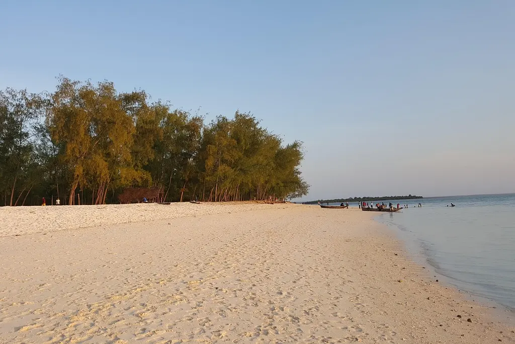 Heller Sandstrand bei Kendwa mit Bäumen am Ufer und ruhigem Meer im Abendlicht