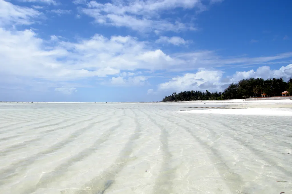 Strand von Paje bei Ebbe: seichtes, klares Wasser über geripptem Sand, im Hintergrund Palmen
